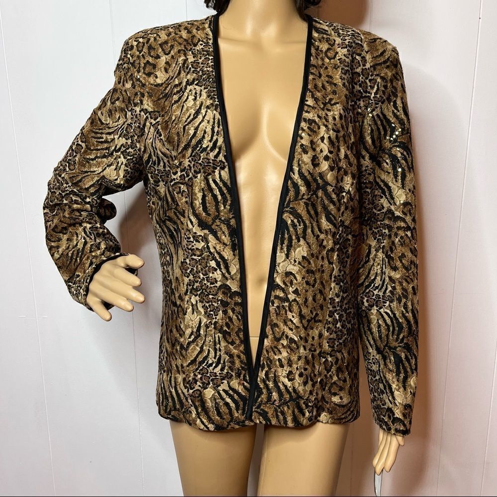 Vintage Animal Print Patra Open Front Jacket Metallic Gold NWT Size 12